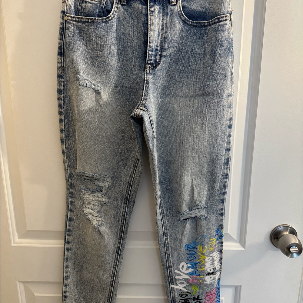 Tinseltown Blue Distressed Skinny Jeans with Colorful Accents